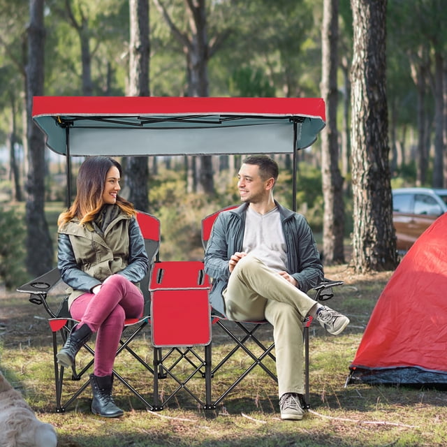 Goplus Chaises de Camping Portatives Pliantes avec Auvent, Porte-Gobelet, Glacière, Extérieur, Rouge, Breveté
