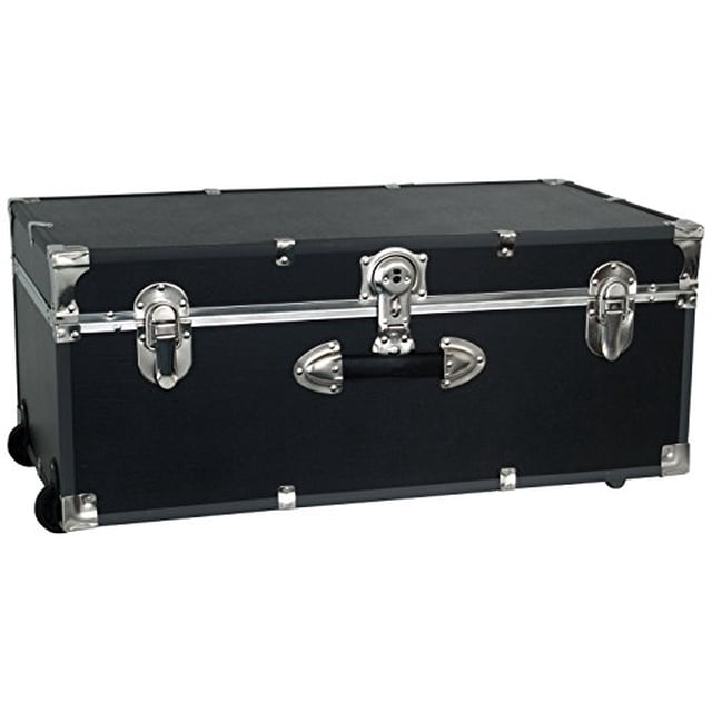 Seward Trunk Coffre à Roulettes Noir, Conçu pour le Rangement et l'Organisation. Fabriqué en Bois d'Ingénierie durable, Il Présente une Reliure Noire à Fort Impact et une Quincaillerie Nickelée. Comprend des Roues Encastrées pour une Mobilité Facile et une Fermeture à Loquet Sécurisée. Idéal pour les Campeurs d'Été, les Résidents en Résidence Ou comme Contenant de Rangement Polyvalent pour Effets Personnels.