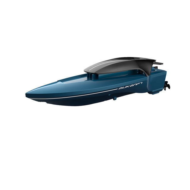 Remote Control Boats for Pools and Lakes for Kids, designed with a streamlined blue and gray body. This electric speedboat operates on a 2.4GHz frequency, suitable for ages 14 and up. Powered by a 3.7V lithium battery, it provides up to 12 minutes of use and a remote control range of 15 meters. Perfect for competitive water play, racing, and exploring pools or lakes.