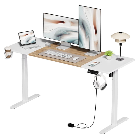 GUANITO Bureau Debout Électrique Réglable de 63 Pouces, Grand Espace de Travail avec 2 Crochets, Bureau Ergonomique Assis-Debout, Résistant aux Rayures et Imperméable, Bureau à Hauteur Réglable pour le Travail et la Maison, Beige