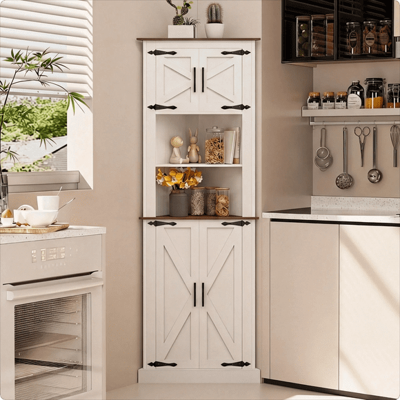 LAUSAINT HOME 67.7'' Tall Corner Cabinet, Corner Storage Cabinet with Barn Door Design & Adjustable Shelves, White