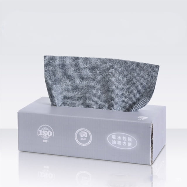 EGNMCR A Box Of Friendly Cleaning Cloths containing reusable absorbent microfiber cloths in a grey box. The cloths are made of eco-friendly, high-density, double-sided microfiber material with low lint and shrinkage. Suitable for cleaning glass, mirrors, tables, walls, and other surfaces. The box features product certifications printed on the side, emphasizing its environmentally friendly design.