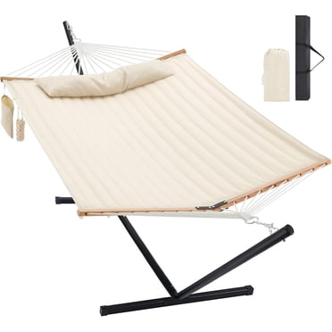 Hamac pour Deux Personnes avec Support Robuste, Hamac de Patio Extérieur avec Support en Acier Portable, Grands Hamacs Doubles, Capacité de 480 Lb. (Blanc Cassé)