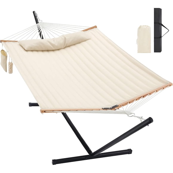 Two Person Hammock with Stand Heavy Duty, Outdoor Patio Hammock with Portable Steel Stand, Large Double Hammocks,480lbs Capacity.(Off White)