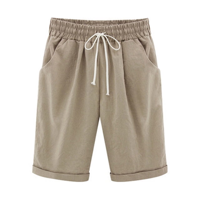 Pisexur Womens Shorts Cotton Linen Drawstring Solid Color Gym Workout Shorts Summer Comfy Elastic Waisted Shorts Plus Size Lounge Shorts Casual Beach Knee Length Shorts with Pockets,S-6XL