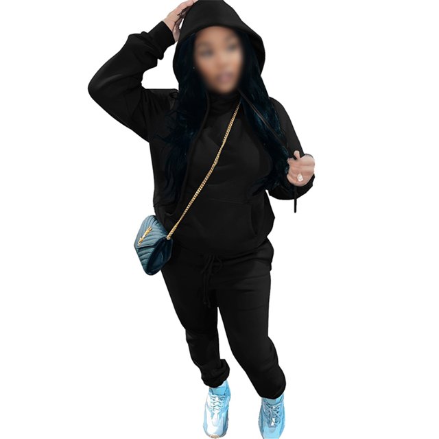 MAWCLOS Ladies Two Piece Outfit Drawstring Tracksuit Sets Long Sleeve Jogger Set Straight Leg Sports Hooded Neck Sweatsuits Black 3XL