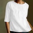 thumbnail image 1 of EQWLJWE Women's Solid Color Loose Round Neck Middle Sleeve Folded Cotton Linen Shirt Top, 1 of 6