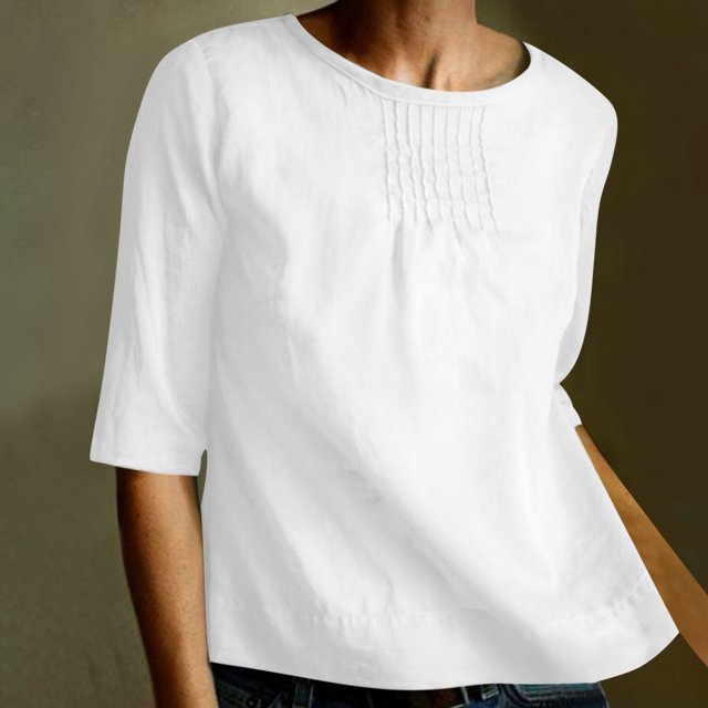 EQWLJWE Women's Solid Color Loose Round Neck Middle Sleeve Folded Cotton Linen Shirt Top