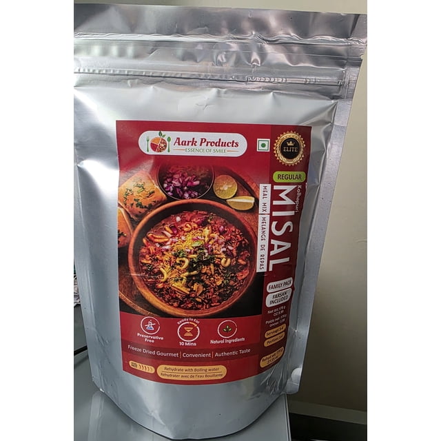 Aark Kolhapuri Misal Regular freeze-dried ready-to-eat family pack, serving 3 to 4 people. The resealable zipper pouch showcases vibrant packaging with an image of the authentic Maharashtrian misal dish, garnished with farsan, onions, and lemon slices. This preservative-free meal mix uses natural ingredients and requires only boiling water for preparation. Ideal for enjoying Indian cuisine or South Asian food conveniently anytime, anywhere.