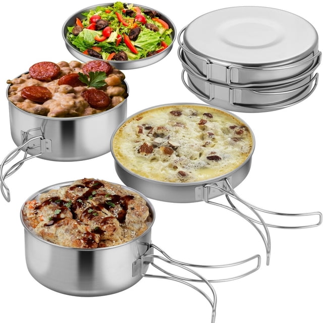 4 PCS Camping Cookware Set with portable lightweight stainless steel pots, frying pan, and plate featuring foldable handles. Includes a storage bag for compact stacking, perfect for camp kitchen setups, mountaineering, hiking, picnics, and outdoor cooking activities.