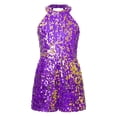 thumbnail image 1 of Yanarno Combinaison Short de Danse pour Filles, Col Licou, Paillettes, Fête de Noël, Rumba Samba, Violet, 8, 1 of 5