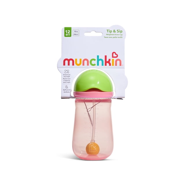 Munchkin Any Angle™ Spill-Proof Weighted Straw Trainer Cup with Click Lock Technology, Baby & Toddler Transition Sippy Cup, 10 Ounce Pink