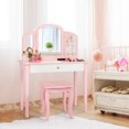 thumbnail image 3 of Gymax Coiffeuse Princesse Table de Maquillage avec Miroir Tri-Pliant et Chaise Rose, 3 of 10