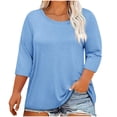 thumbnail image 3 of DDAPJ pyju T-shirts pour Femmes Grande Taille Amples Décontractés à Manches 3/4 Col Ras du Cou T-shirts Légers à Enfiler T-shirts Unis Basiques Vente à Durée Limitée Bleu Pâle L, 3 of 5