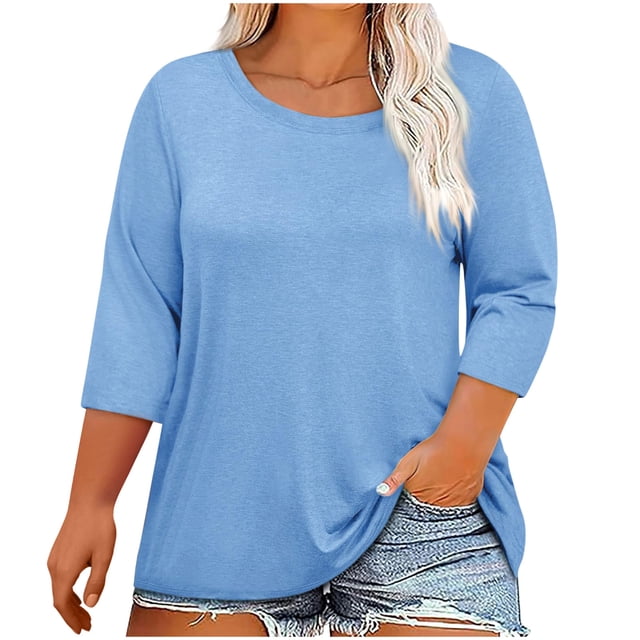 Plebaso Hauts Grande Taille pour Femmes Été Manches 3/4 Col Rond T-Shirts Décontractés Couleur Unie Tuniques Amples