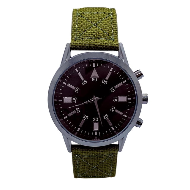 Montre Analogique pour Homme avec Boîtier en Métal Brossé de 42 mm, Cadran Noir avec Marqueurs Argentés et Aiguilles, Bracelet en Toile Vert avec Détails Cousus, Mouvement à quartz et Fond en Acier Inoxydable, Convient au Port Quotidien et aux Grandes Préférences de style.