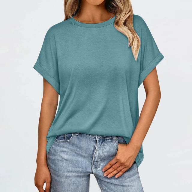 Binmer T-Shirt à Manches Courtes Décontracté pour Femme, Couleur Unie, Col Rond