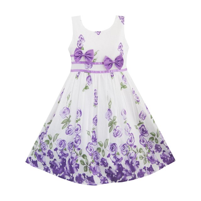 Robe Fille Rose Violette Double Nœud Papillon Fête Enfants Robe d'Été 9-10 Ans
