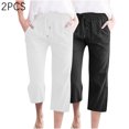 thumbnail image 2 of Timegard 2pc Capri Pants for Women Cotton Linen Elastic Waist Loose Lounge Crop Pants Pockets Solid Color, 2 of 7