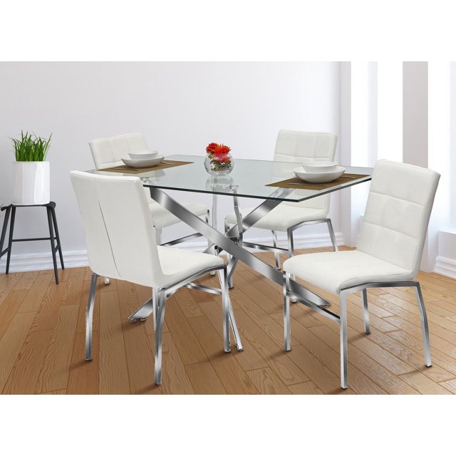 K-Living Dustin 5PCS Dining Set with 60" Rectangle Tempered Glass with Chrome Base Table and White PU Chairs (1 Table and 4 Chairs)