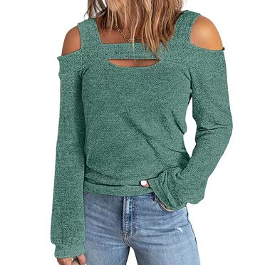 Jsaierl Womens Casual Sexy Cold Shoulder Sweaters Trendy Long Sleeve Square Neck Sweatshirts Solid Color Casual Pullover Fall Warm Comfy Tops