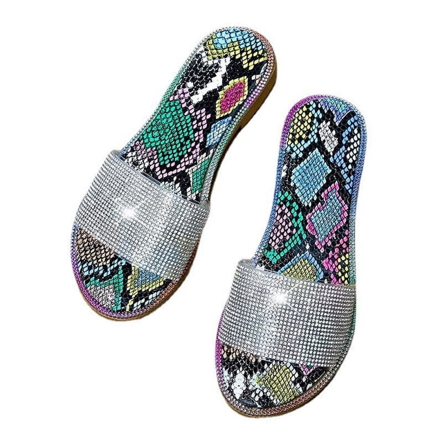 Womens Flat Sandals Rhinestone Clear Strap Open Toe Colorful Blingbling Non Slip Lightweight Breathable Summer Beach Sandals Camouflage