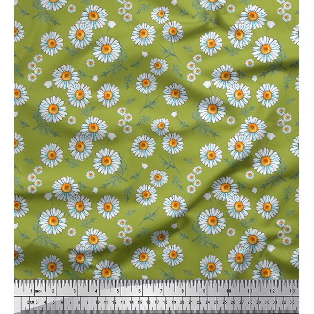 Soimoi Polyester Crepe Fabric Leaves & Aster Floral Print Fabric by The Yard 52 Inch Wide