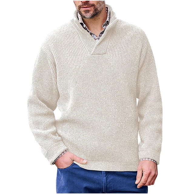 Rbaofujie Chandails à Col Rond pour Hommes Mode Col en V Chaud Extérieur Manches Longues Chandail Tricoté Haut Chandail Col en V Blanc Chandails de Gym Hommes