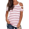 thumbnail image 1 of Women Horizontal Stripe Printed Cold Shoulder Scoop Neck Short Sleeves Shirt, 1 of 4