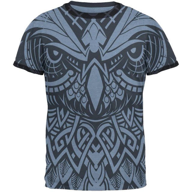 T-shirt à Col Contrastant pour Hommes Trippy Tribal Owl