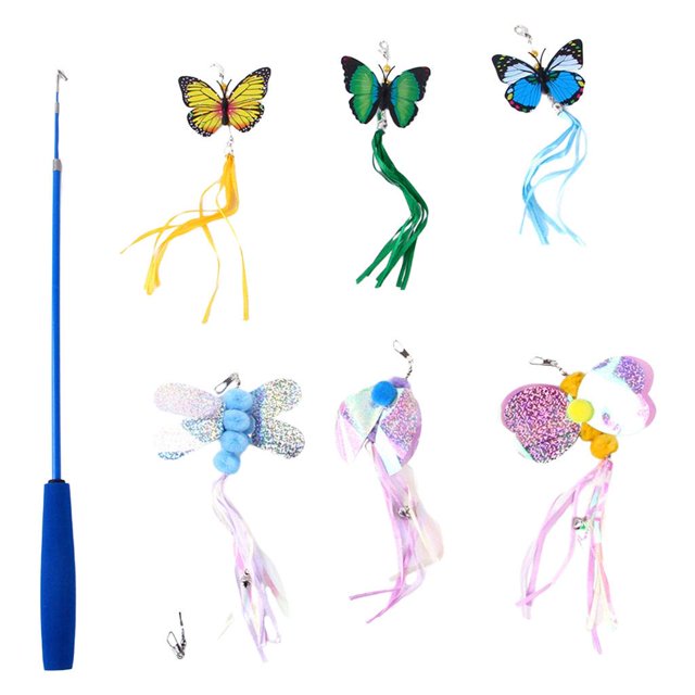 GROWTH TANK Cat Feather Toys with 6 Refills Extendable Retractable Cat Teaser Fun Toy Cat Toy Teaser for Indoor Cat Playing Training