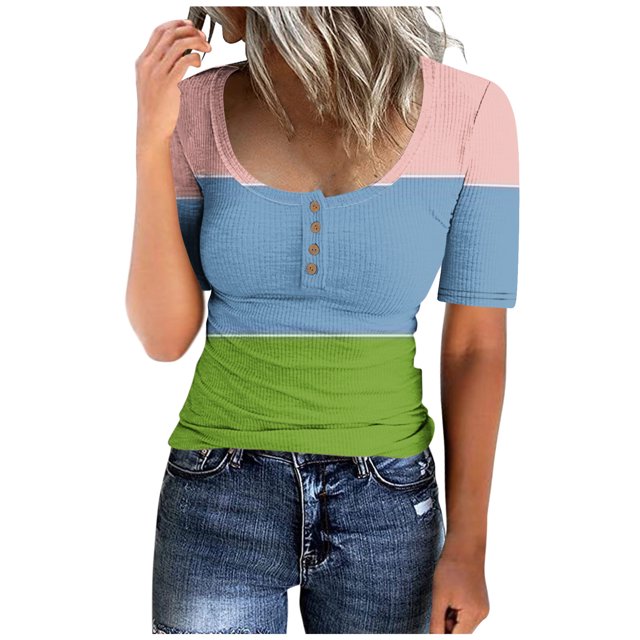 UPPADA Women's Summer Tops Short Sleeve V Neck Ribbed Knit Tees Trendy Button Front T Shirts Henley Solid Color Shirts Vacation Oufits Light Blue,S