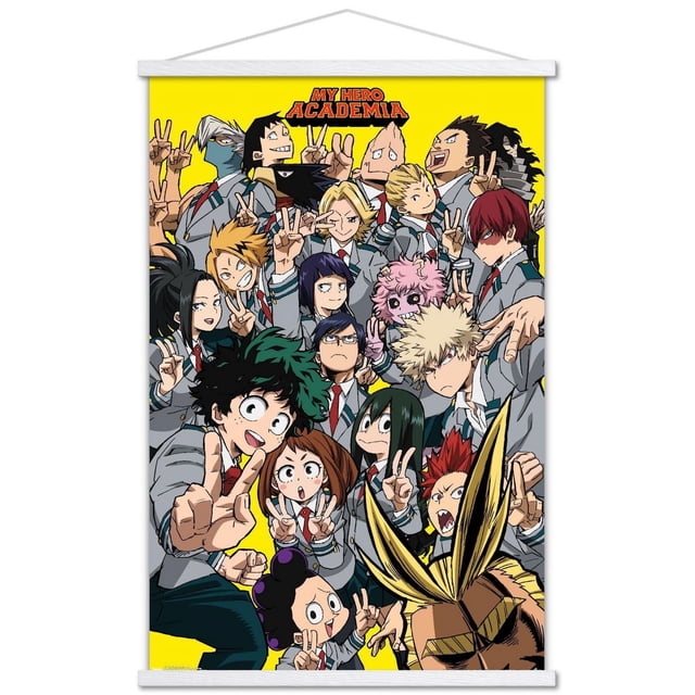 My Hero Academia - Affiche Murale Selfie, 22,375 Pouces x 34 Pouces Représente un Groupe vibrant de Personnages d'Anime de la Série en Uniforme Scolaire Posant avec des Signes de Paix sur un Fond Jaune Vif. Imprimée sur Papier Lustré, Cette Oeuvre Murale Légère Est Idéale pour les Chambres, les Résidences Étudiantes Ou les Bureaux et Est Souvent Utilisée pour Personnaliser des Espaces Ou Rehausser la Déco de Fête.