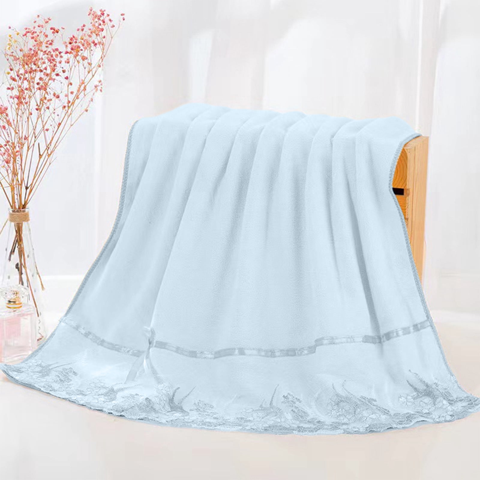 Bath Towel Set with Embroidered Lace, ZZkhGO Soft Absorbent 3 Piece Gift Towels, Large Cotton Bath Towels for Shower Spa in Blue Pink White Yellow