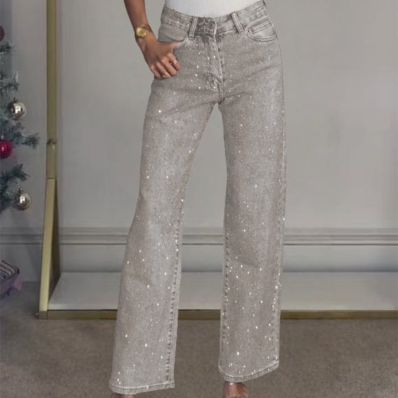Women's High Waisted Rhinestone Jeans, Straight Leg Stretch Denim Pants with Crystal Decor, Casual Baggy Trousers for Women, Comfortable Wide Leg Jeans Light Ashy