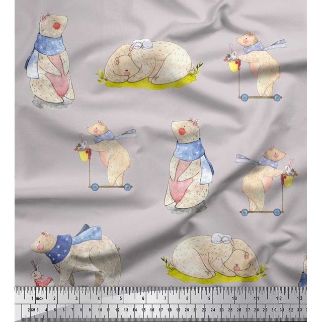 Soimoi Satin Silk Fabric Cycle,Rabbit & Bear Kids Print Fabric by the Yard 42 Inch Wide