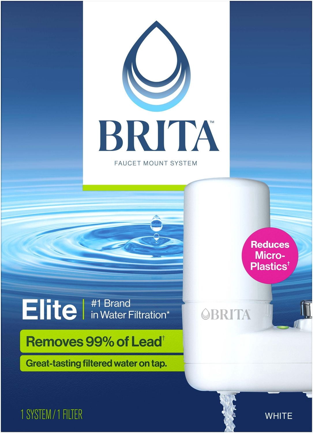 Système de filtration d’eau sur robinet Brita avec indicateur de changement de filtre, réduit la teneur en plomb, fabriqué sans BPA, compatible avec les robinets standards seulement, modèle de base bl