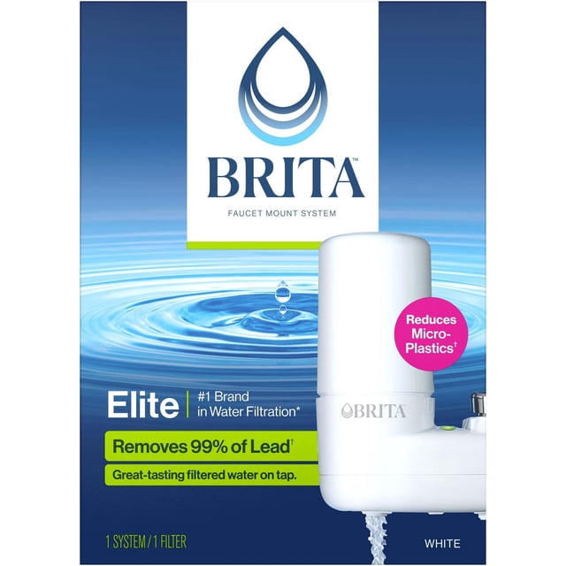 Brita Tap Water Filter System, white faucet-mounted filtration unit with cylindrical filter cartridge, shown dispensing water. The Brita logo appears above rippling water with a droplet splash, highlighting removal of 99% lead and microplastics for great-tasting filtered tap water.