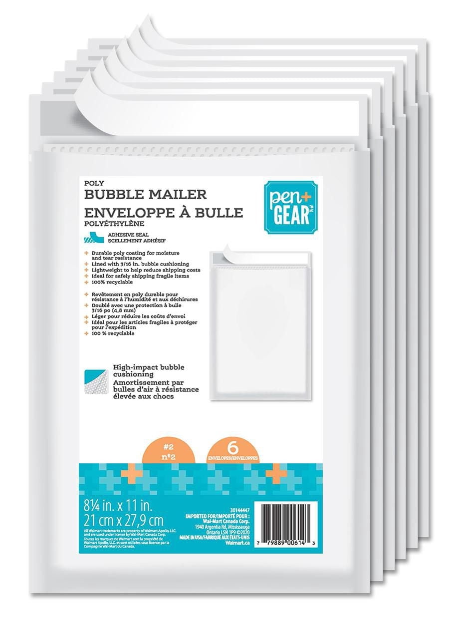 Enveloppes à bulles en polyéthylène Pen+Gear no 2, blanches, 8,25 po x 11 po, paquet de 6