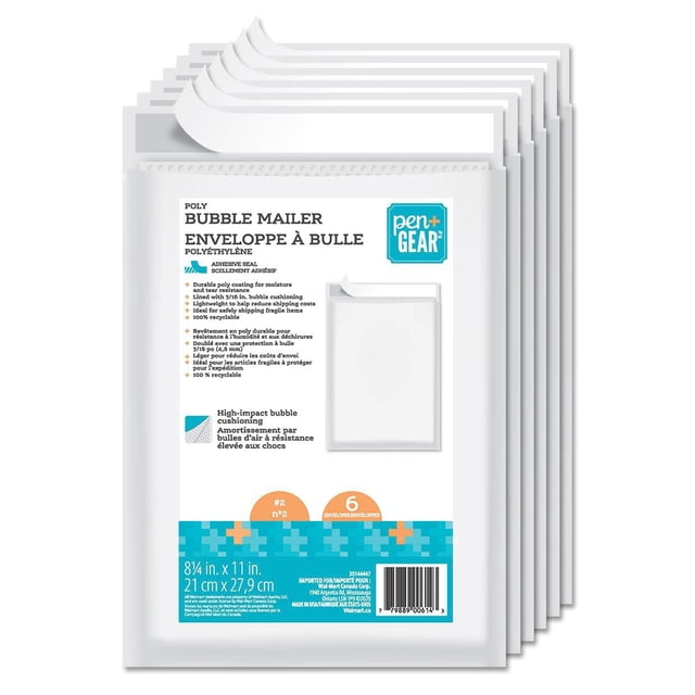Pen+Gear Poly Bubble Mailer #2 pack of 6, white polyethylene mailers with adhesive seal and 3/16 inch high-impact bubble cushioning, measuring 8 1/4 by 11 inches (21 by 27.9 cm), moisture and tear resistant, lightweight for reduced shipping costs, ideal for safely mailing fragile items.