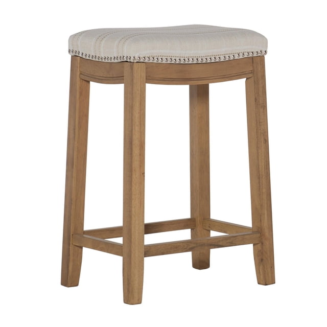 Warren Rustic Striped Counter Stool with a backless solid wood frame in rustic brown finish, beige linen striped padded seat accented by brushed silver nail head trim, and four footrails for stability, designed for kitchen counters 35 to 39 inches high and supporting up to 275 pounds.