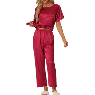 INSPIRE CHIC Ensemble de Pyjamas en Satin pour Femmes Tenues d'Été Manches Courtes Hauts avec Pantalons Ensembles de Détente Soyeux S Rouge