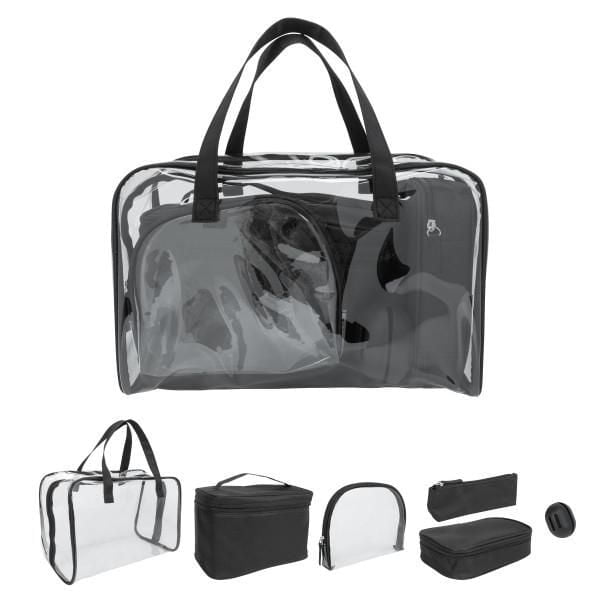 Equate Beauty cosmetic bag 6-piece value set in black with five cosmetic bags including large and compact train cases, purse-size and clear medium cases, plus a silicone makeup sponge case, all inside an extra-large clear carrying bag with black handles and zipper closures, designed for organizing makeup, brushes, skincare, and travel essentials, also suitable for neat toiletry storage at home, school, or travel.