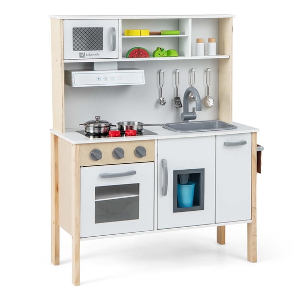 Costway Kids Kitchen Playset Wooden Pretend Play Chef Toy w/ Microwave & Accessories