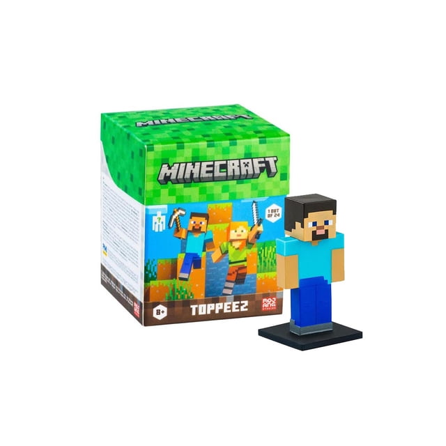 Minecraft 3D Toppeez in Blind Box featuring a 2.5-inch pixelated Steve figure on a black base next to a green Minecraft-branded box with character illustrations, part of a 24-figure collectible series for children.