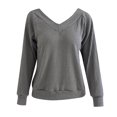 thumbnail image 3 of Pompotops Mode Dames Décontracté Uni Manches Longues Col en V Chandail Ample Blouse Femme, 3 of 4