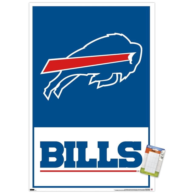 NFL Buffalo Bills - Affiche Murale Logo 21, 14,725 Po x 22,375 Po Encadrée avec un Arrière-Plan Bleu Centré et un Logo Buffalo Blanc et Rouge au-Dessus de Texte « Bills » Bleu Audacieux sur un Panneau Blanc, Encadrée en Blanc. Cette Oeuvre Murale Convient à la Déco de Chambre Ou de Bureau.