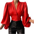 thumbnail image 1 of CEHVOM Women Spring Casual Solid V Neck Lantern Long Sleeve Buttons Pullover Blouse Shirt Draw Back Short Tops, 1 of 7