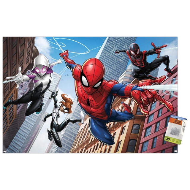 Marvel Comics - Spider-Man - Web Heroes Wall Poster, 22.375" x 34" featuring Spider-Man and three other Spider-themed heroes swinging through a cityscape with tall buildings under a clear blue sky, a framed wall art poster with a premium satin finish suitable for home décor.