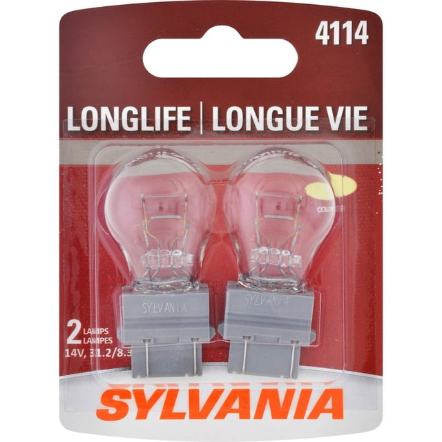 SYLVANIA 4114 Long Life Mini Bulbs package with two clear glass automotive light bulbs featuring gray bases labeled SYLVANIA, rated 14V, in a red and white blister pack with long life and SYLVANIA branding, ideal for automotive replacement lighting.